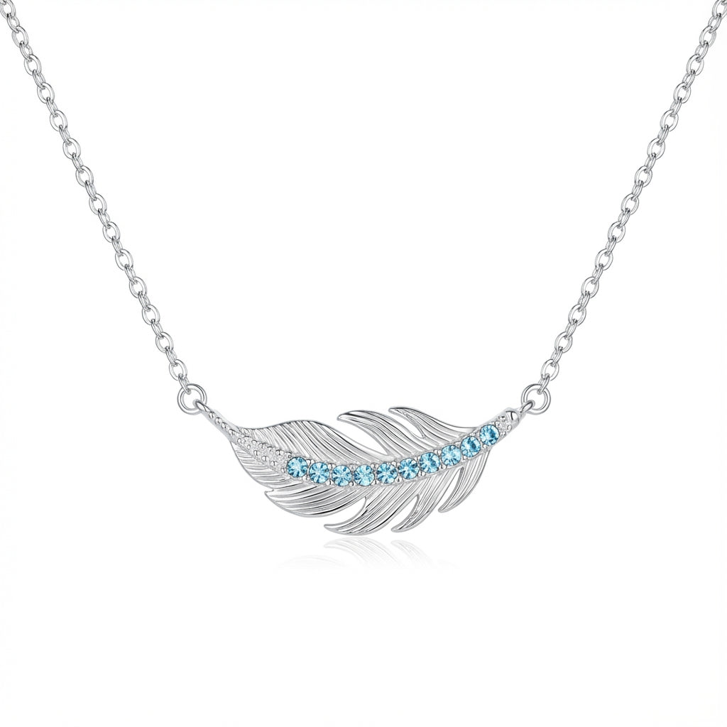 Feather Necklace in 925 Sterling Silver with Turquoise Swarovski