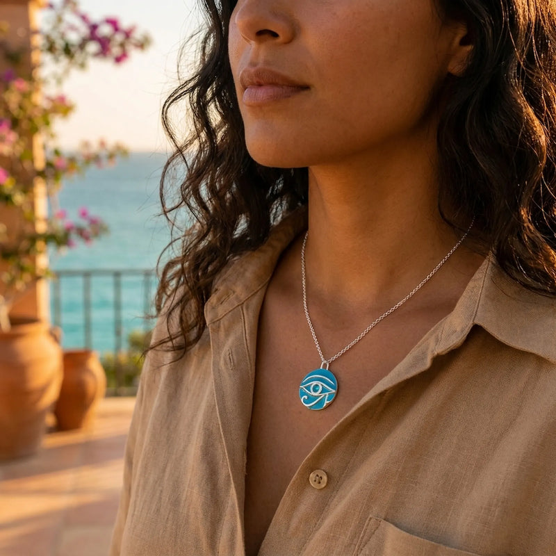 Woman wearing a blue enamel evil eye necklace, a popular symbol of protection in the UAE.