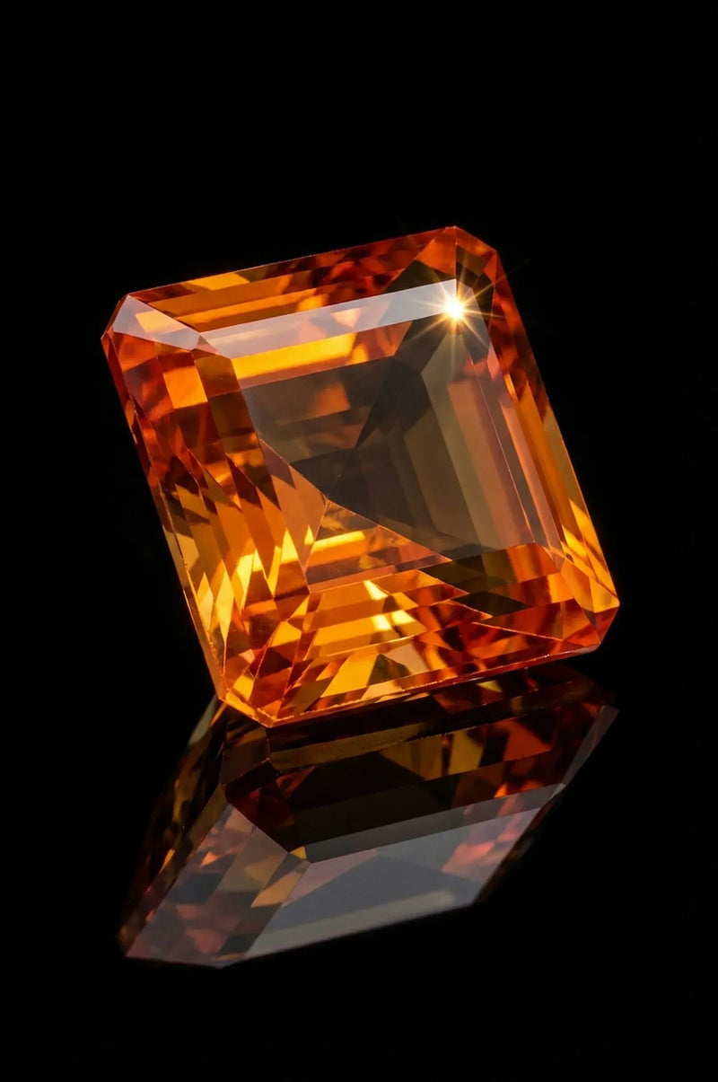 Macro view of a loose square step-cut natural citrine, the November birthstone, showing deep golden amber saturation available for custom sourcing in Dubai.