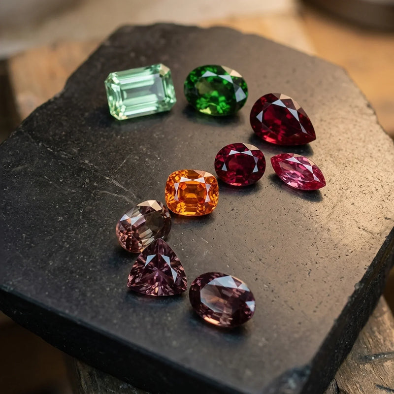 A collection of faceted garnet gemstones in various colors, including green, red, orange, and purple, resting on a dark stone surface.
