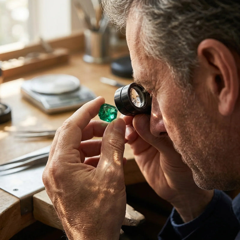 A gemologist closely examining a green emerald with a jeweler's loupe to check for inclusions and oiling treatments at a Luna Dura workbench.