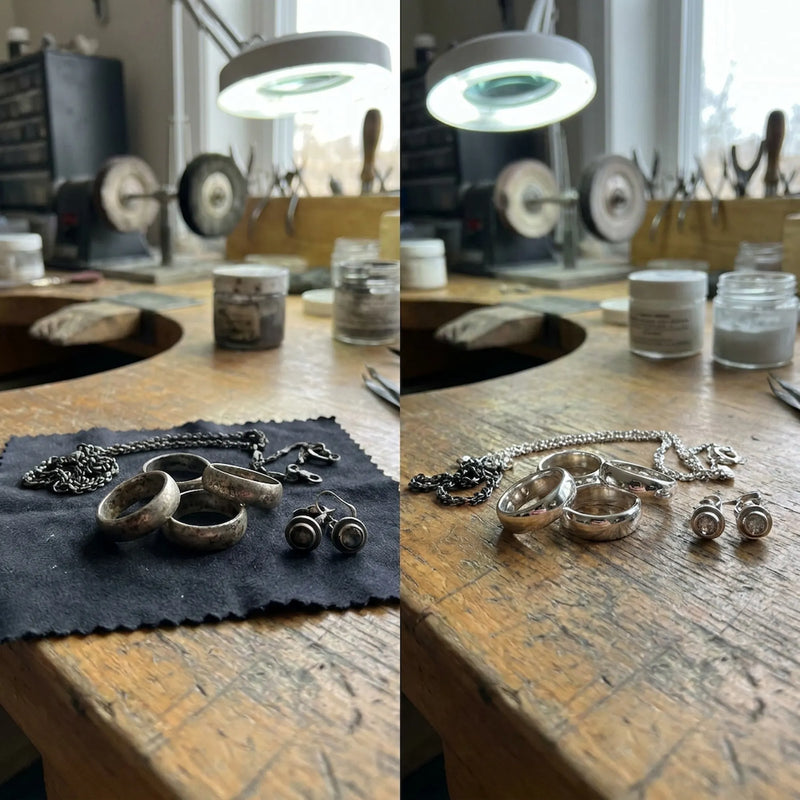 before after 925 sterling silver jewelry tarnish cleaning rings necklace earrings workshop comparison