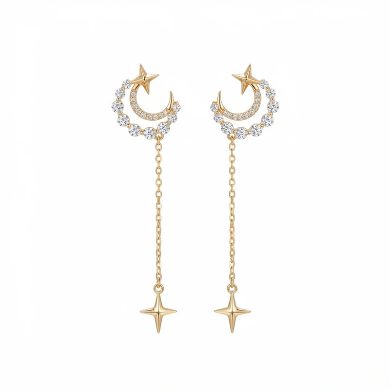 18K gold plated 925 silver crescent moon star chain drop earrings featuring graduated cubic zirconia, sold in Dubai.
