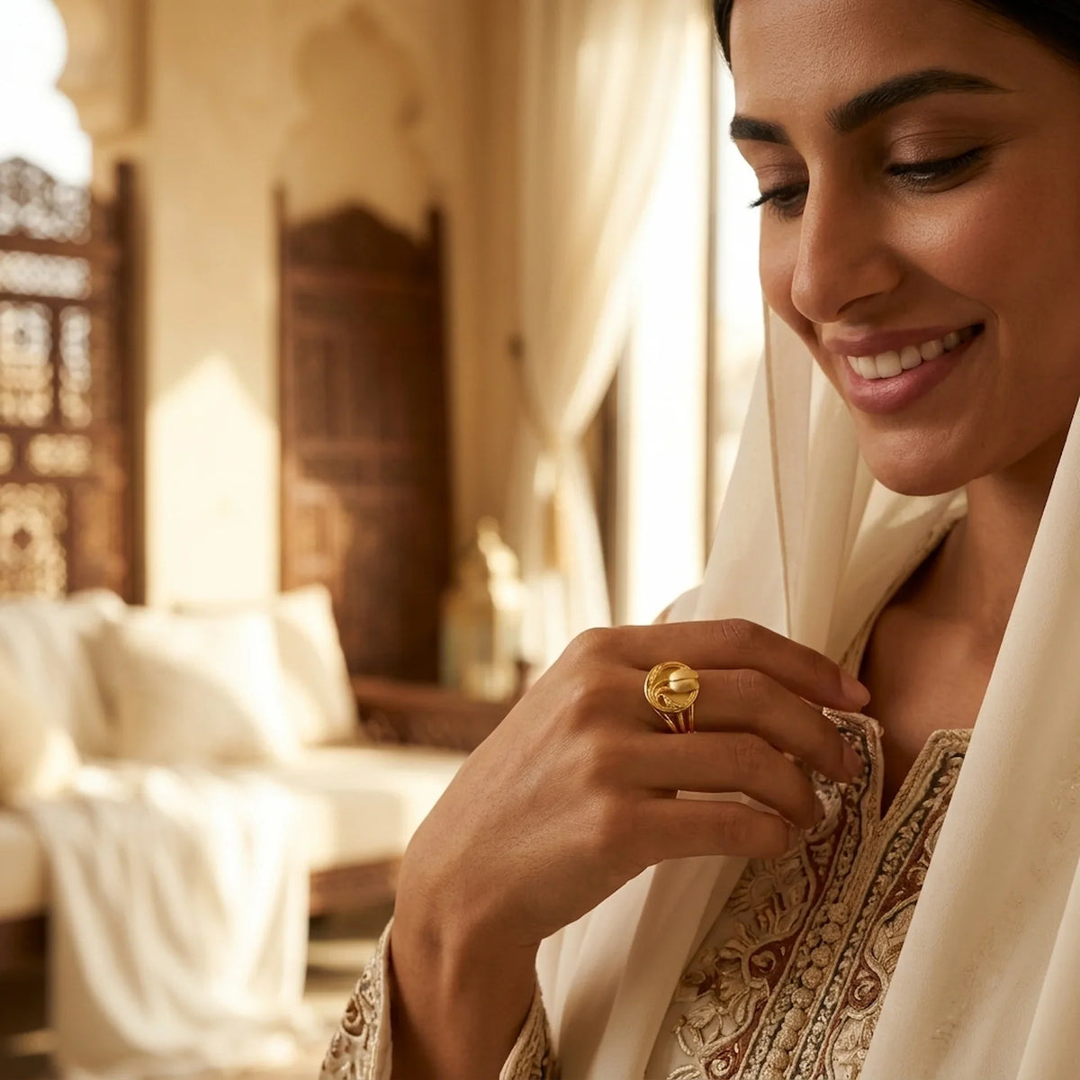 Woman in Dubai wearing an 18K gold vermeil tulip medallion ring by Luna Dura