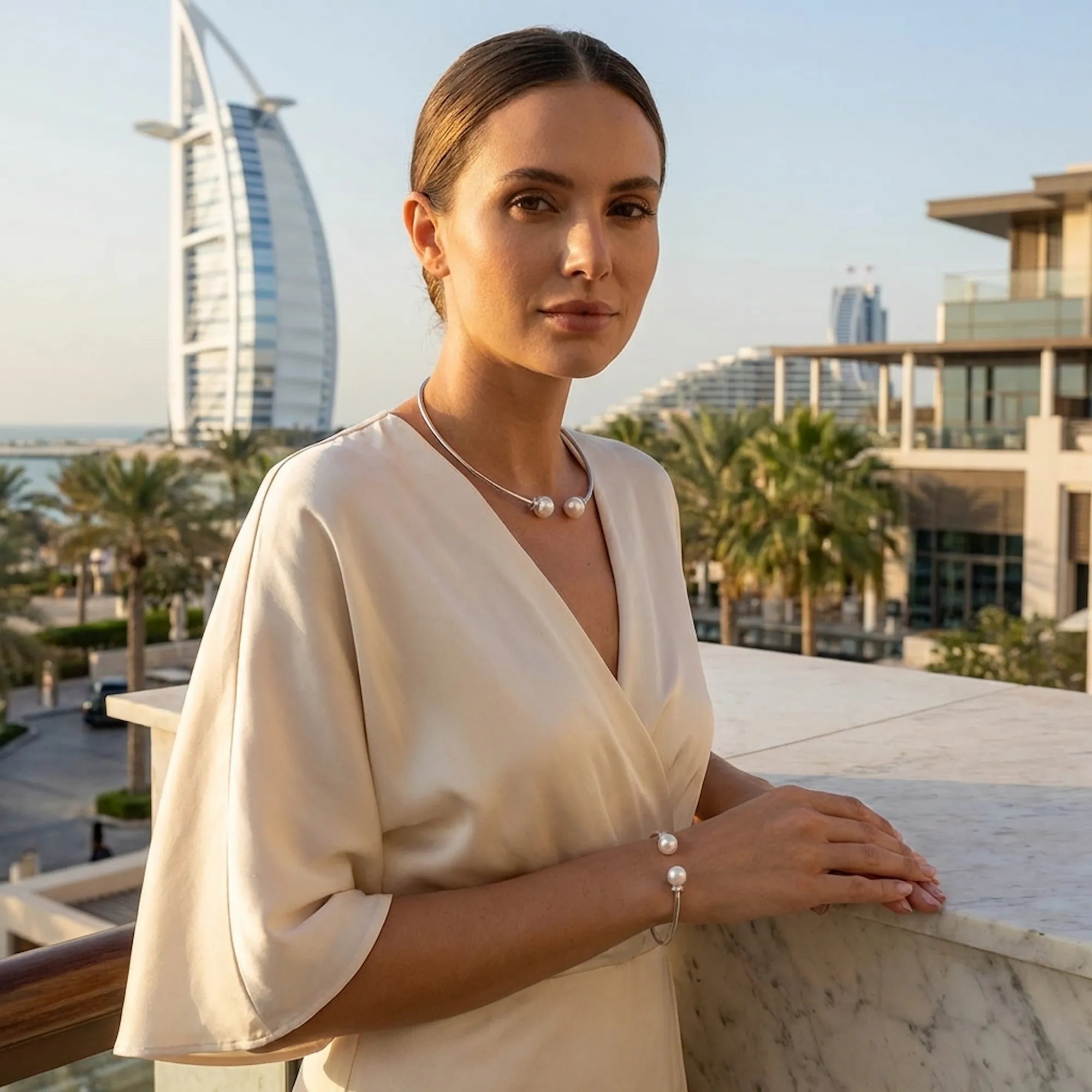 Woman wearing 925 sterling silver jewelry set in Dubai with Burj Al Arab view