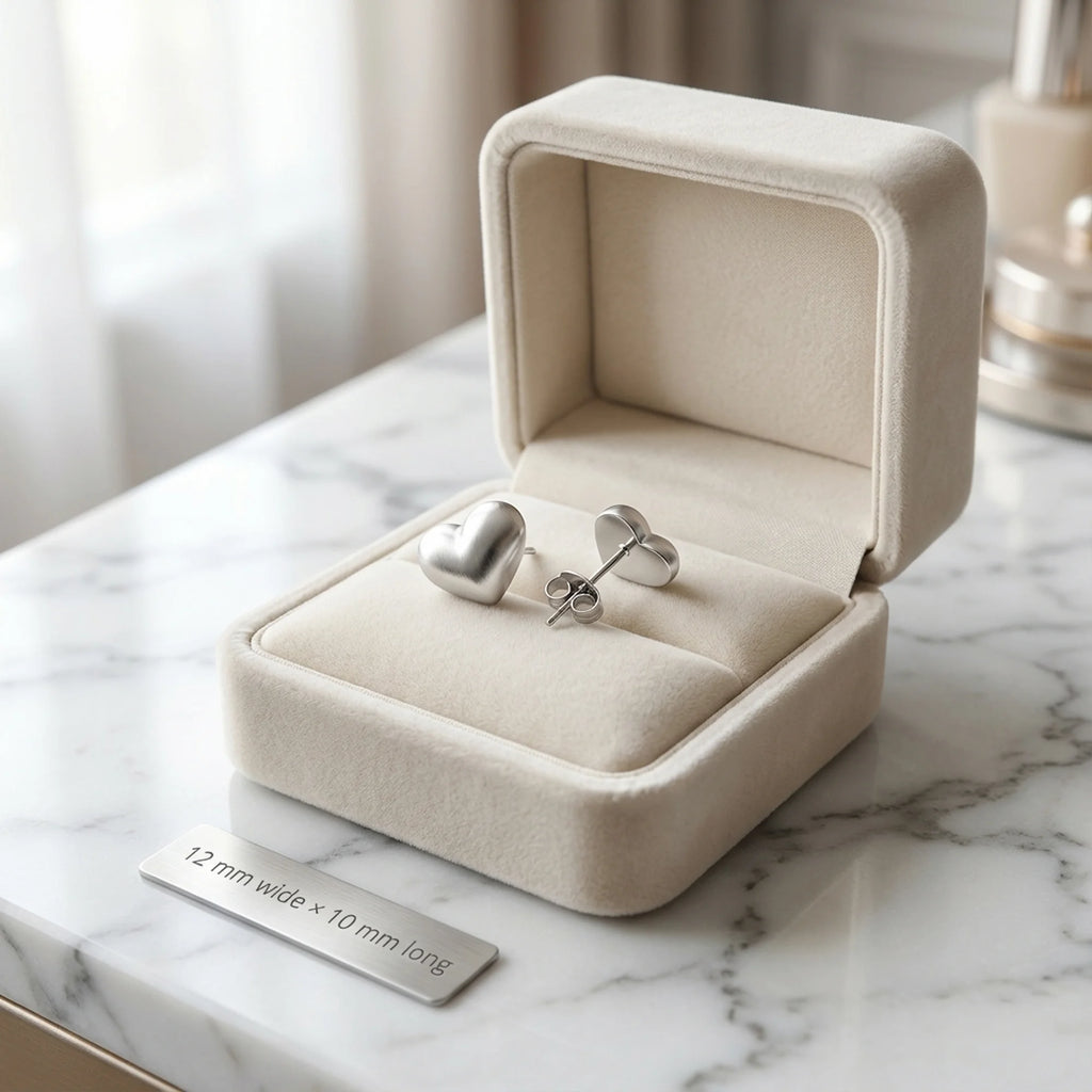 Heart silver studs in velvet box with dimensions plaque Dubai