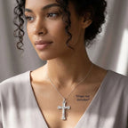 Unisex polished silver crucifix pendant with stepped architectural frame, chain not included