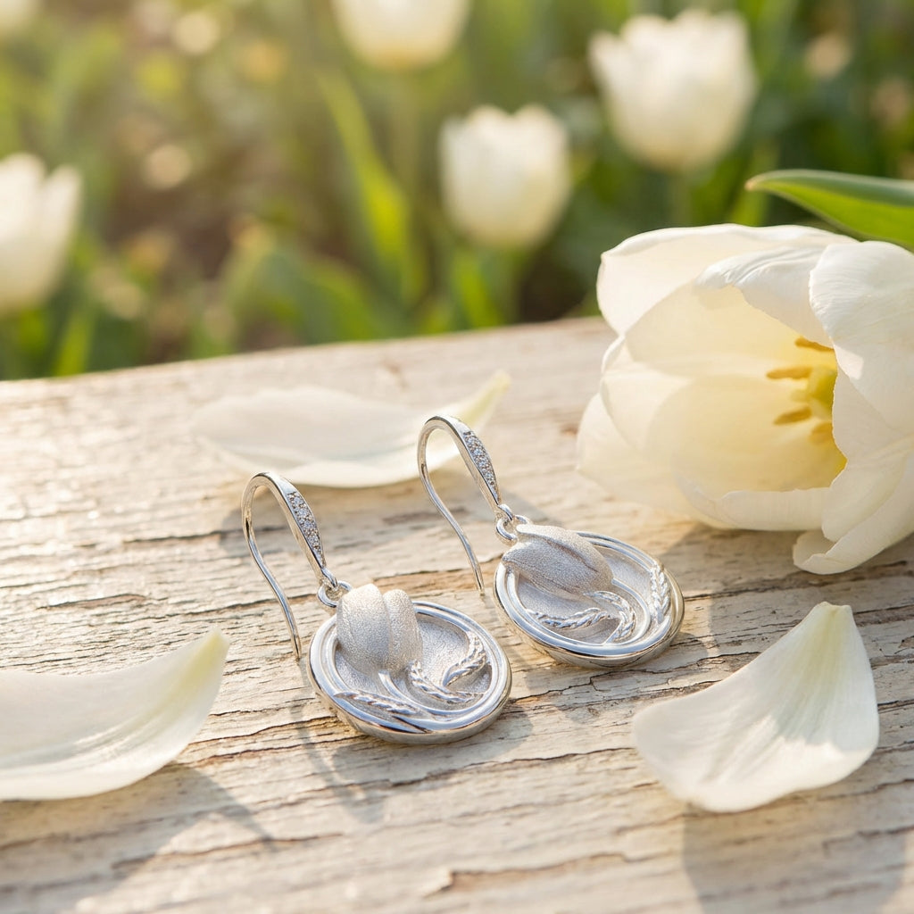Sculpted Tulip Floral Dangle Earrings in 925 Sterling Silver – White Satin & Cherry Red Enamel