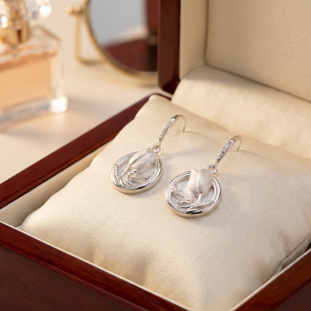 Sculpted Tulip Floral Dangle Earrings in 925 Sterling Silver – White Satin & Cherry Red Enamel