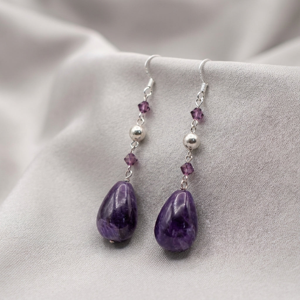 Natural Amethyst Silver Drop Earrings for Women Handmade Gemstone Jewelry
