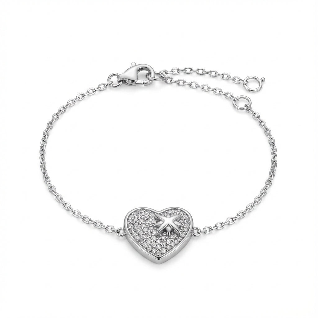 Sterling Silver Rhodium Plated Heart Bracelet with CZ Northern Star