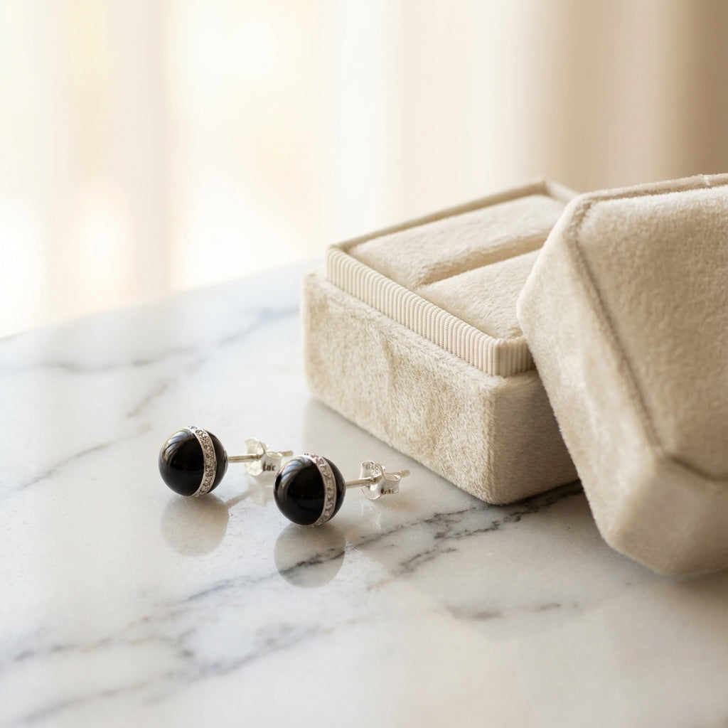 Orbital Black Resin and Crystal Halo Sterling Silver Earrings