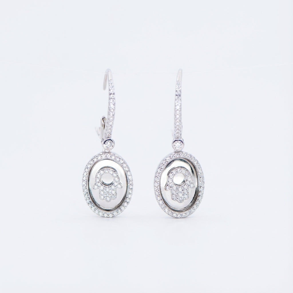 Hamsa Oval Drop Earrings in Sterling Silver with Pavé Zirconia