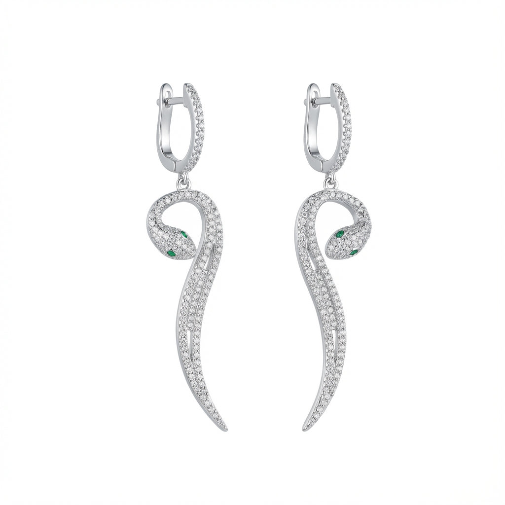 Sterling Silver Paved Serpent Drop Earrings with White CZ and Green Zircon