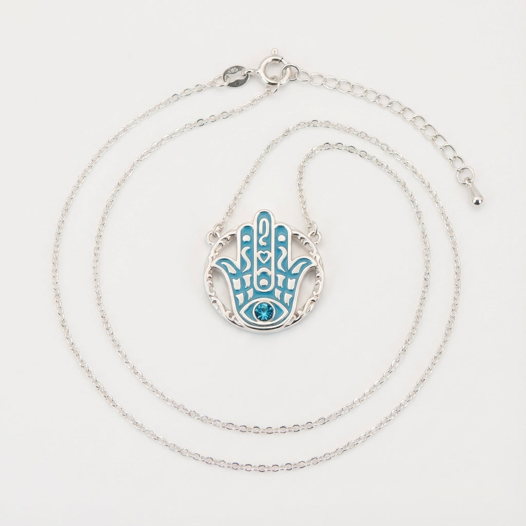 Azure Guardian Hamsa Pendant Necklace in Sterling Silver
