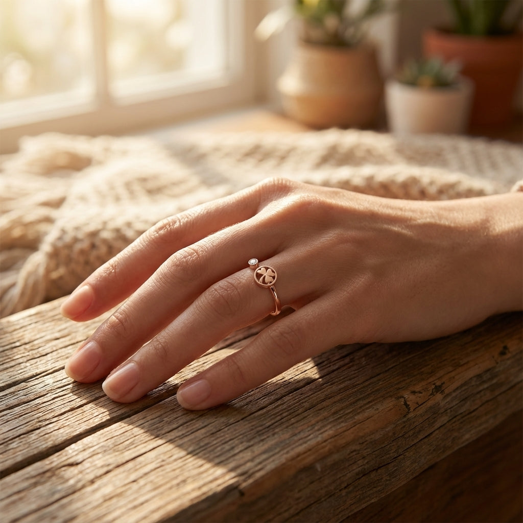 Three Leaf Clover Rhinestone Ring in Rose Gold
