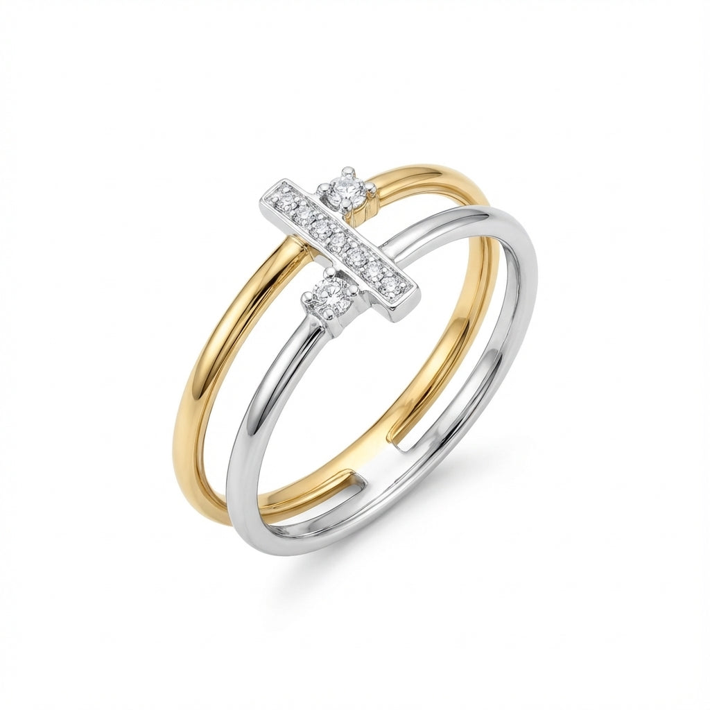 Dual Link Pavé Ring in Gold and Silver Harmony