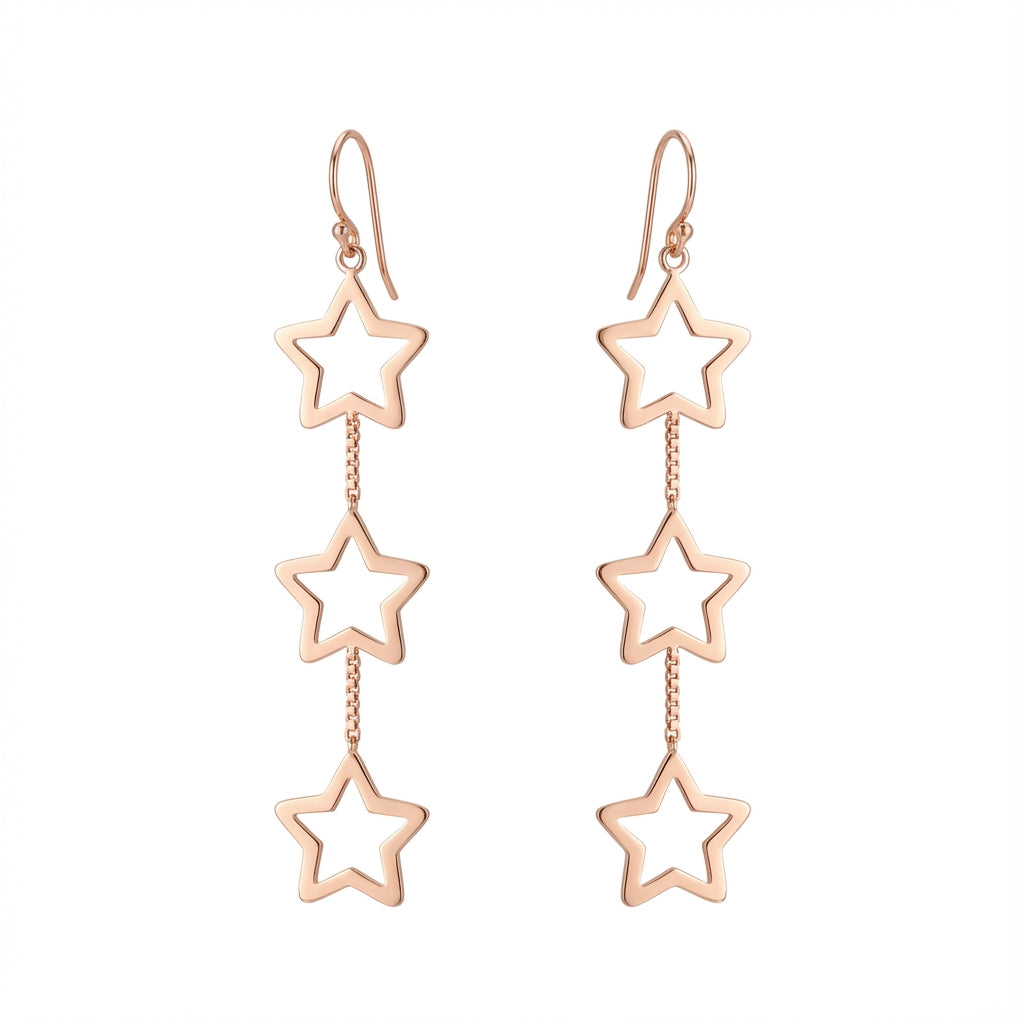 Sterling Silver Triple Star Dangle Earrings – Long Celestial Drop (Silver & Rose Gold Plated)