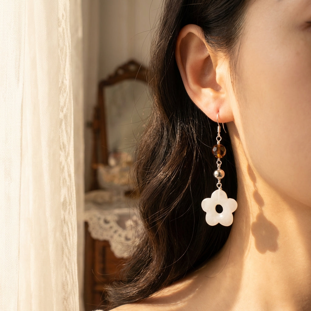 Sterling Silver Flower Earrings – Angelic Snow Quartz & Yellow Carnelian Crystal Drops