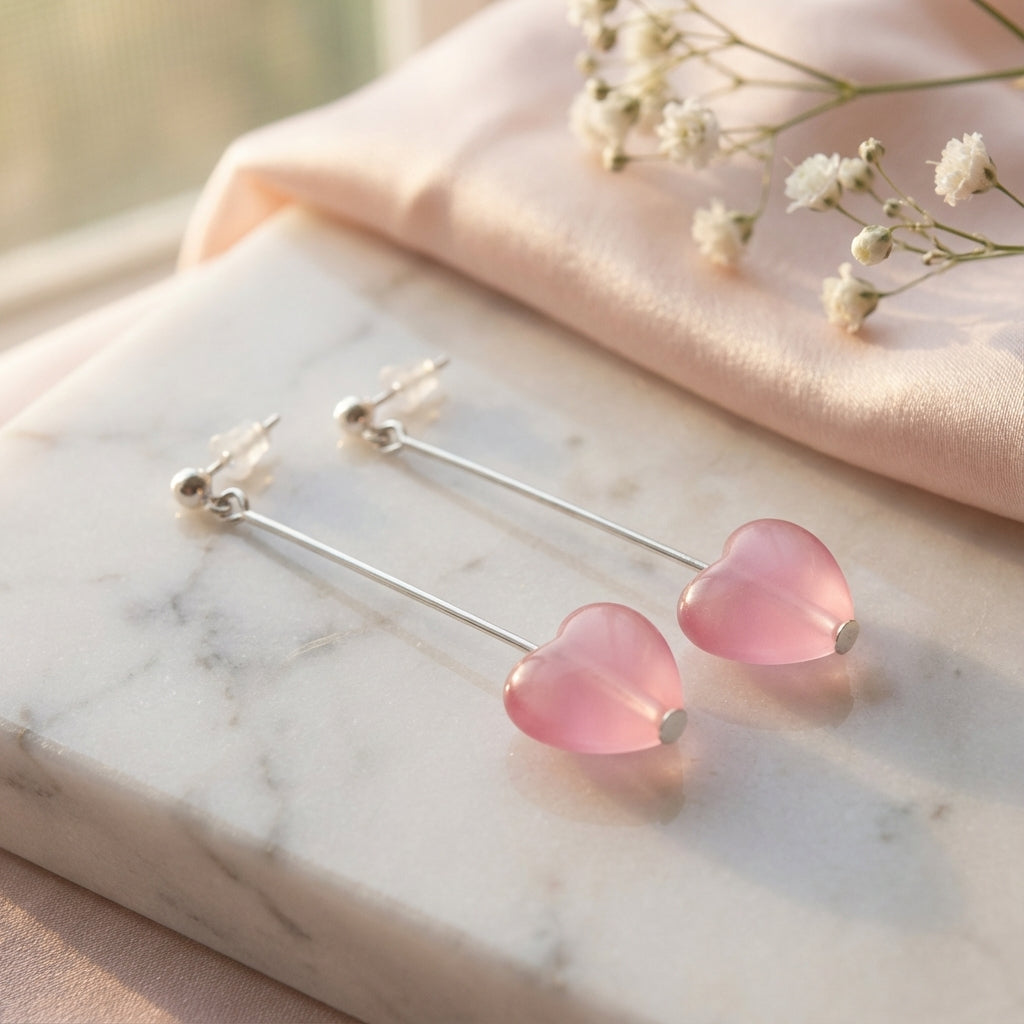 أقراط متدلية على شكل قلب وردي مثلج من الفضة الإسترليني بتصميم بسيط