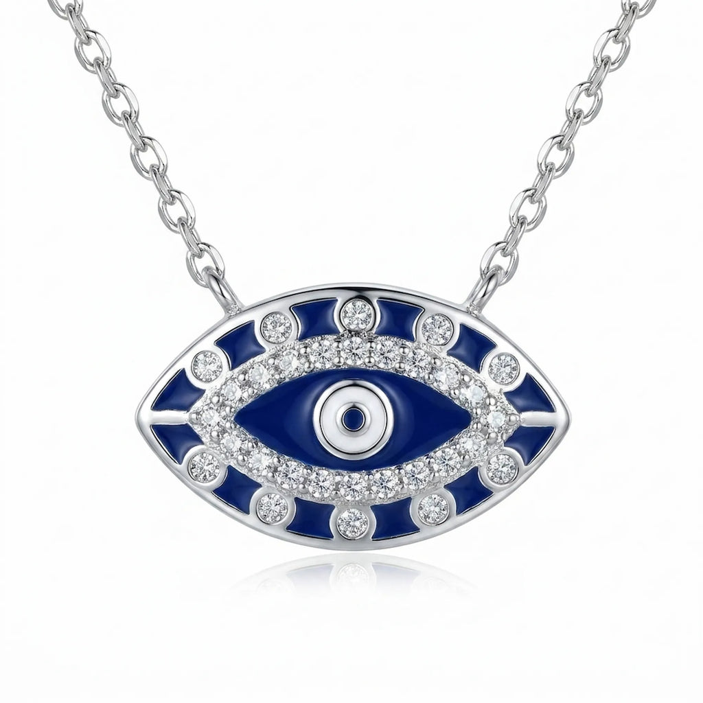 silver evil eye pendant necklace with blue enamel and white stones on chain