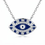 silver evil eye pendant necklace with blue enamel and white stones on chain