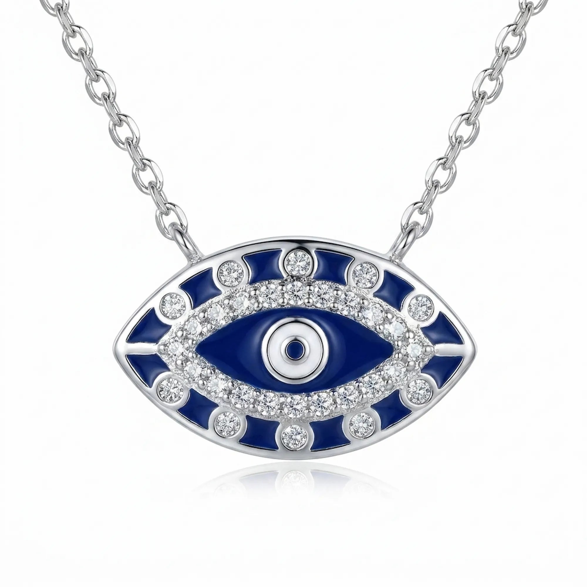 silver evil eye pendant necklace with blue enamel and white stones on chain
