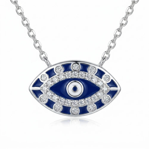 silver evil eye pendant necklace with blue enamel and white stones on chain