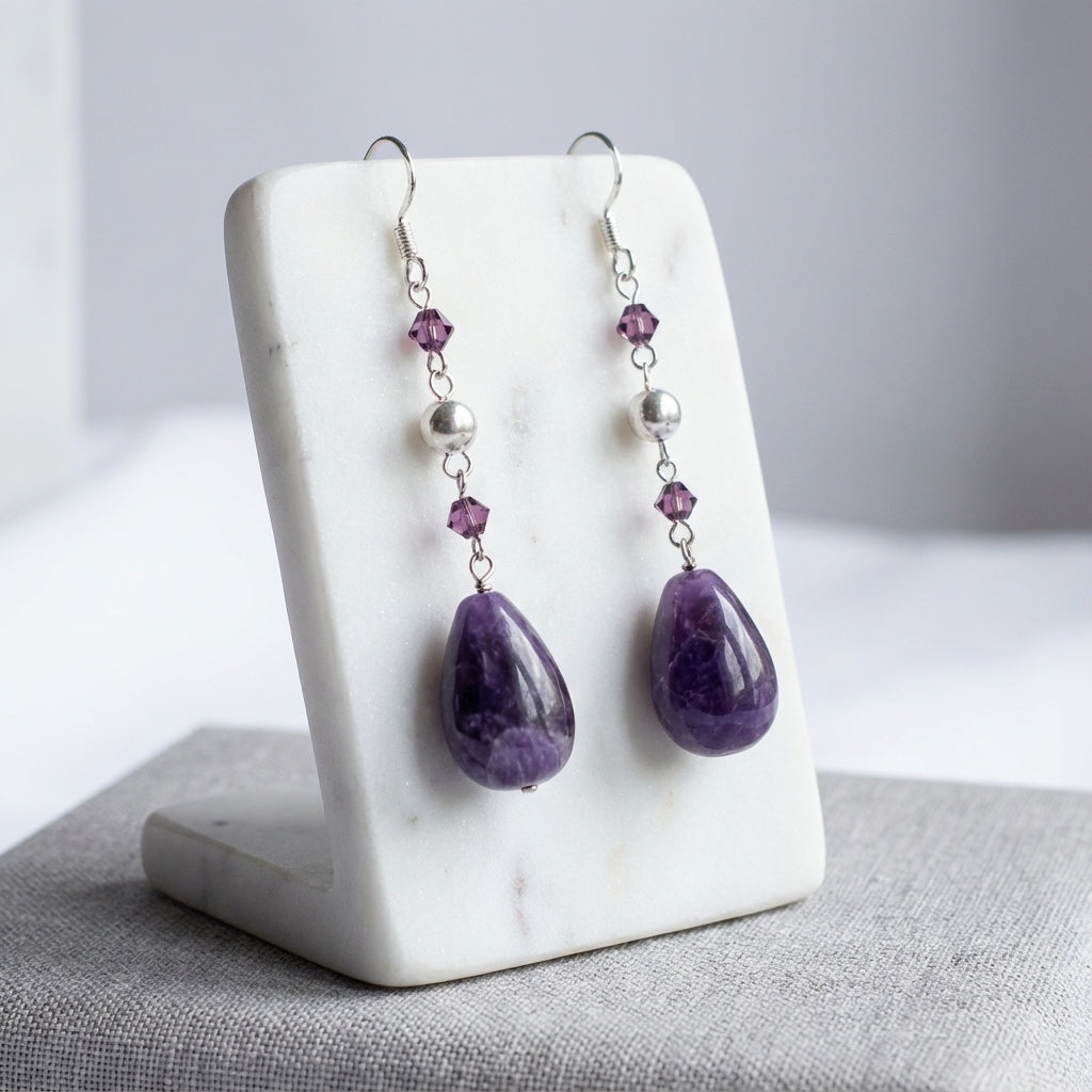 Natural Amethyst Silver Drop Earrings for Women Handmade Gemstone Jewelry