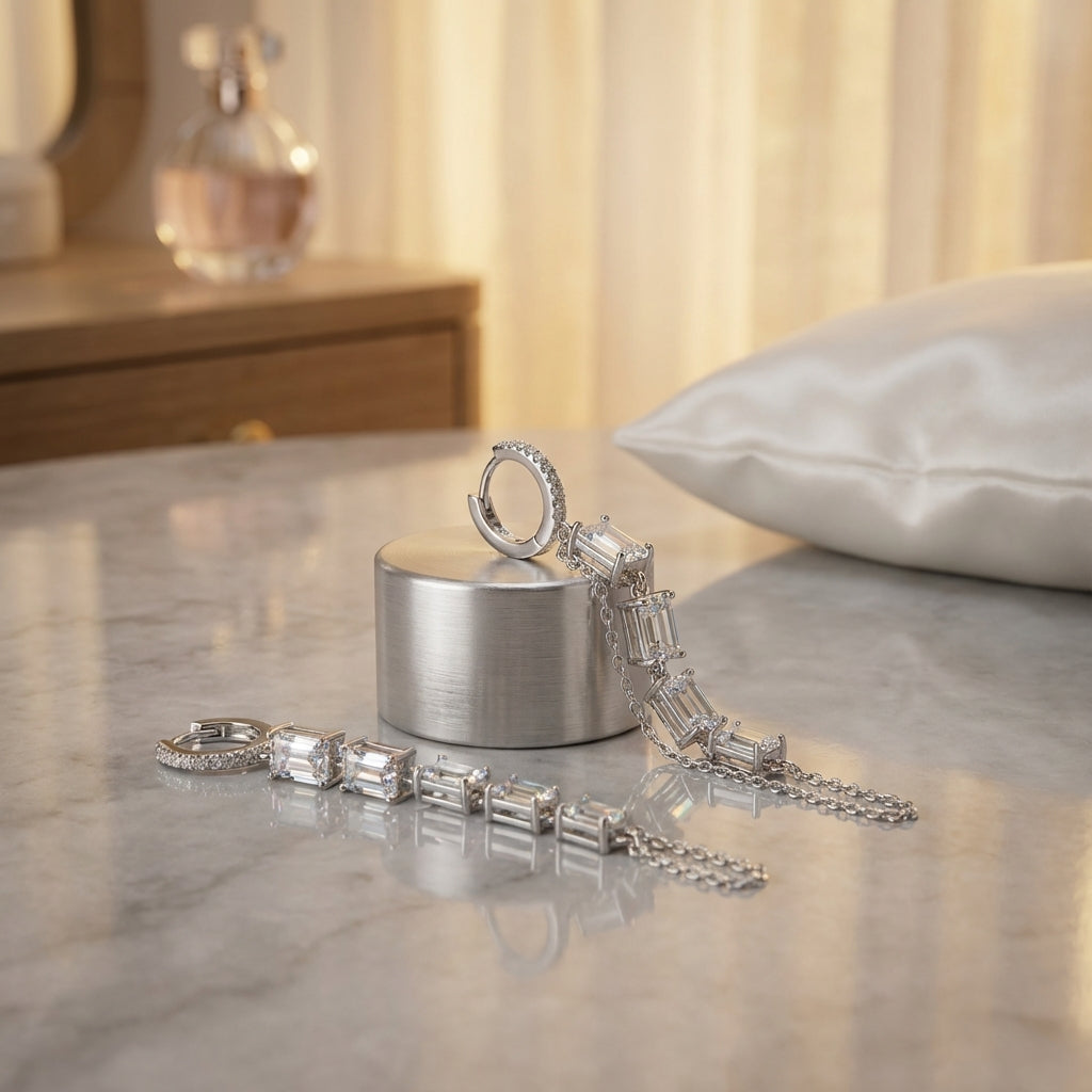 Silver Chain Baguette Cut Dangle Earrings