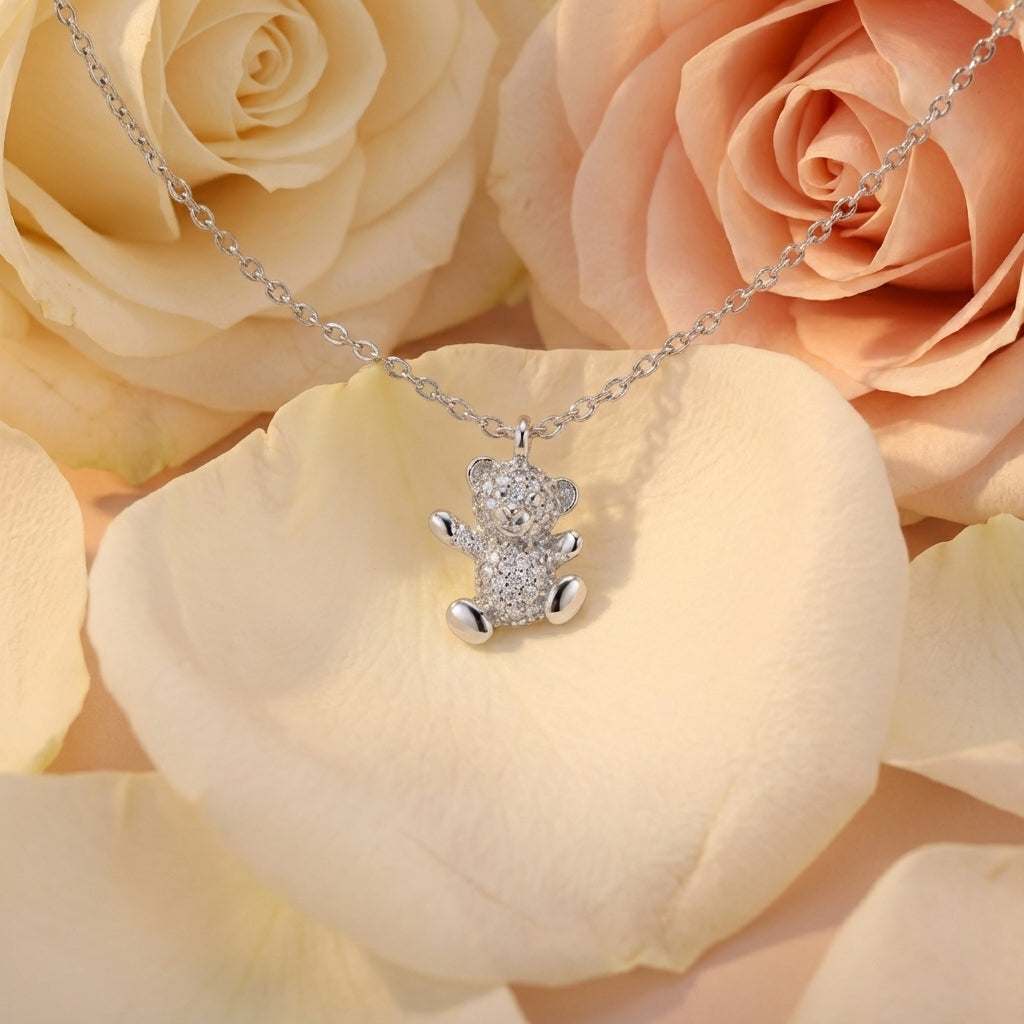Sterling Silver Pavé Teddy Bear Pendant Necklace with CZ Crystals