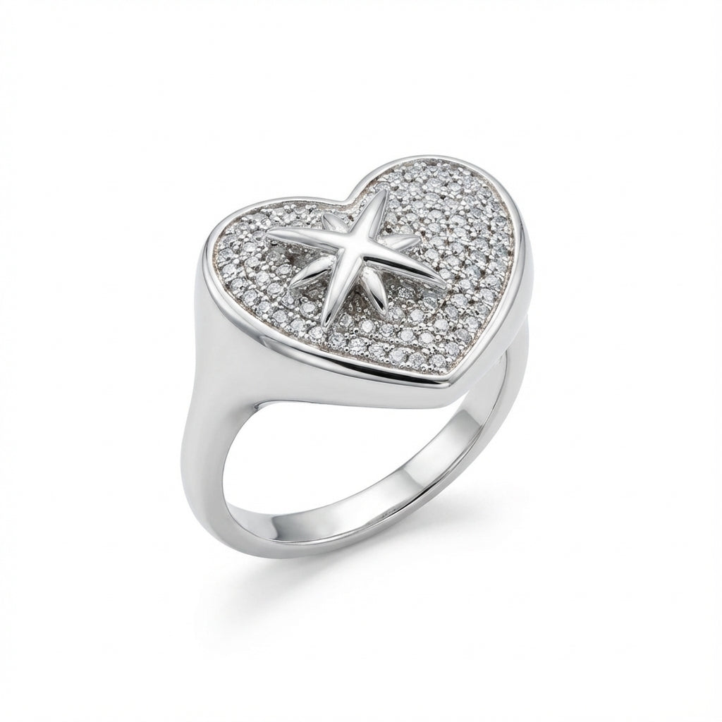 Northern Light Pavé Heart Ring with Eight-Point Star in 925 Sterling Silver