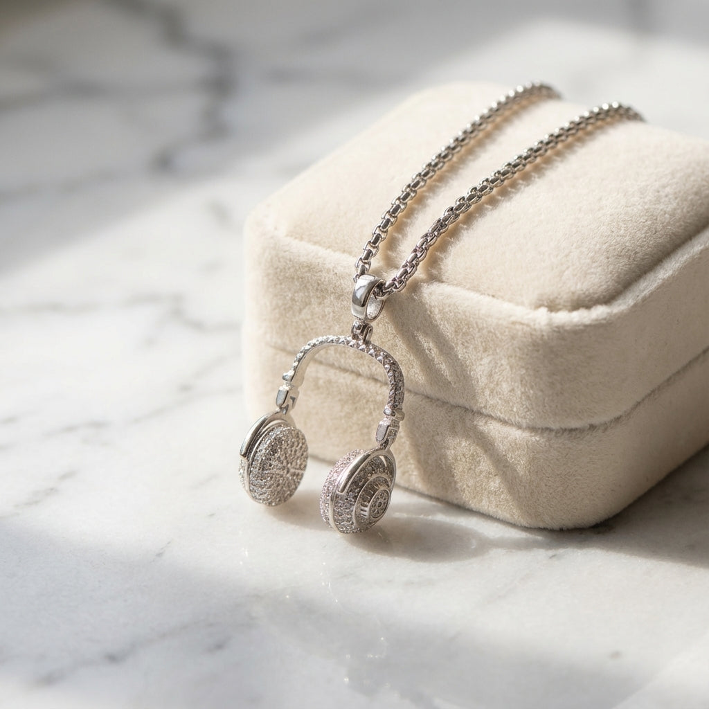 Iced DJ Headphone Pendant in 925 Sterling Silver with CZ Detailing