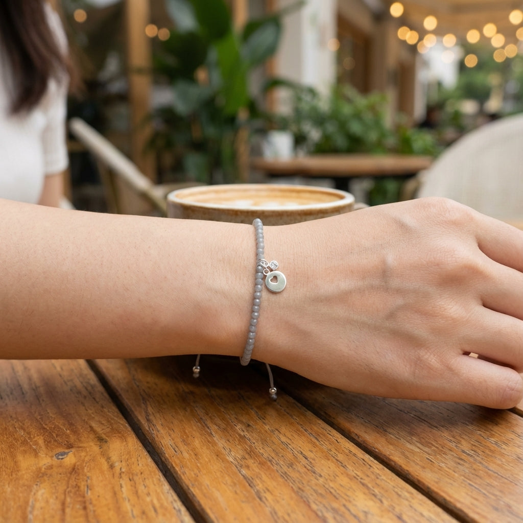 Silver Heart Disc Bracelet with Cubic Zirconia Drop