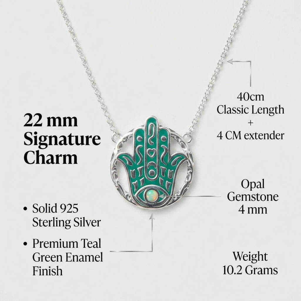 Info Jewelry necklace with a Hamsa hand pendant details on a white background