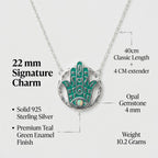 Info Jewelry necklace with a Hamsa hand pendant details on a white background