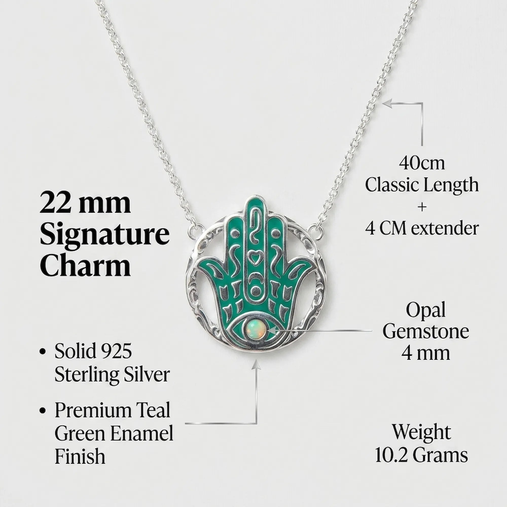 Info Jewelry necklace with a Hamsa hand pendant details on a white background