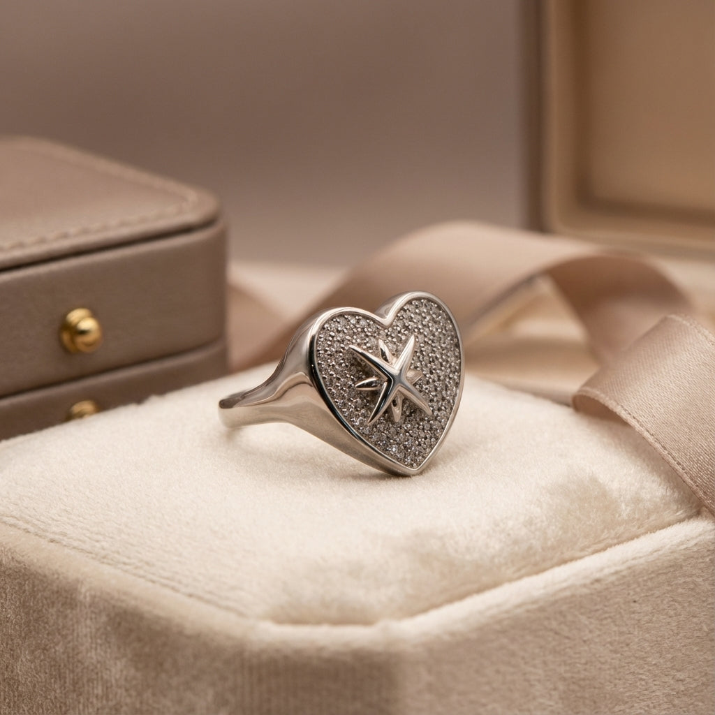 Northern Light Pavé Heart Ring with Eight-Point Star in 925 Sterling Silver