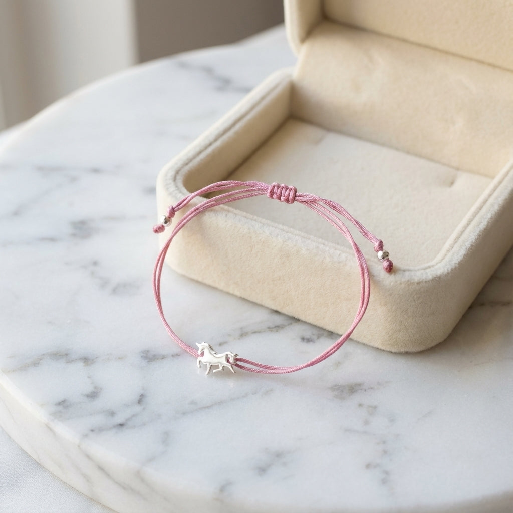 Whimsy Unicorn Bracelet in Silver with Pink Cord