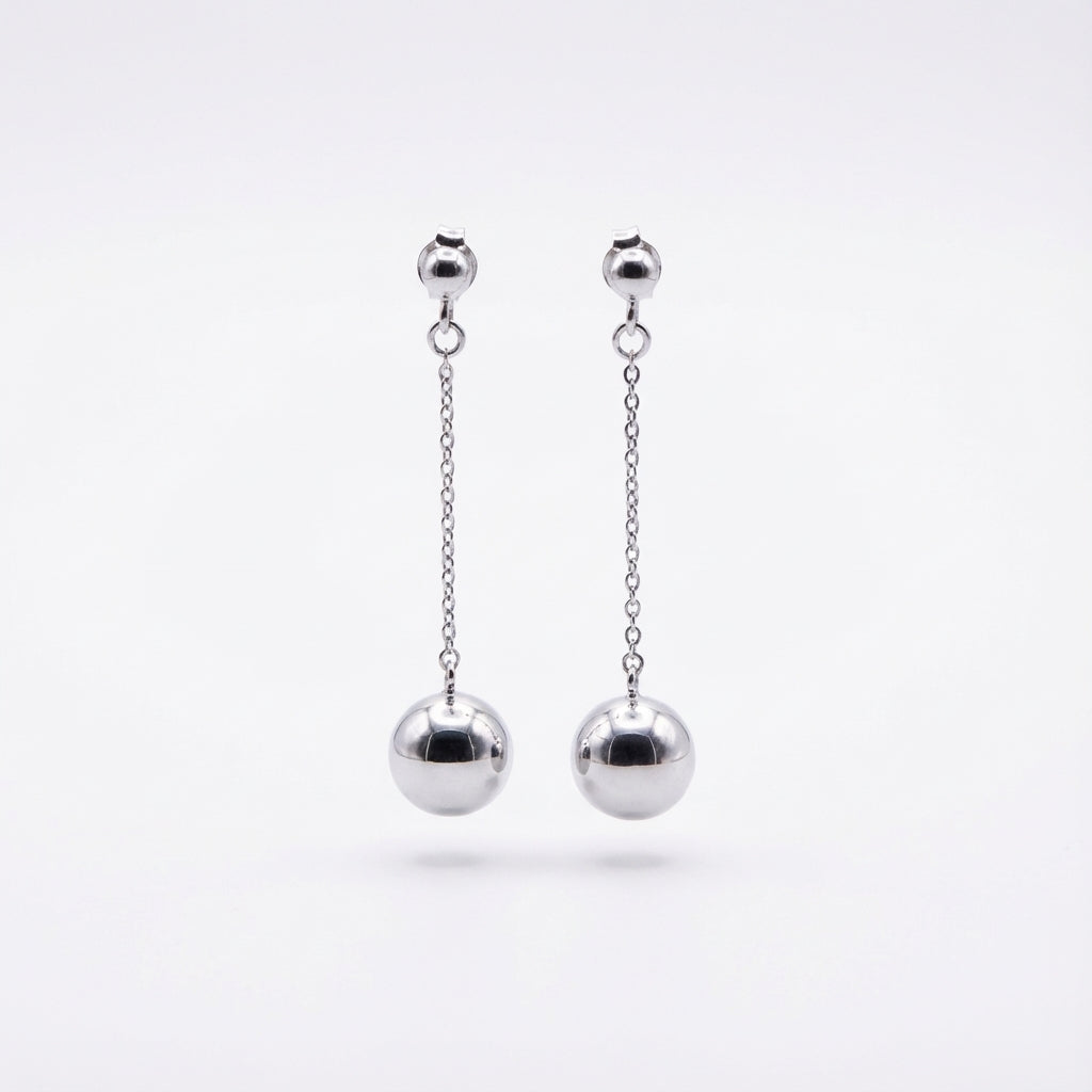 Sterling Silver Chain Drop Earrings with Polished Sphere Modern Style