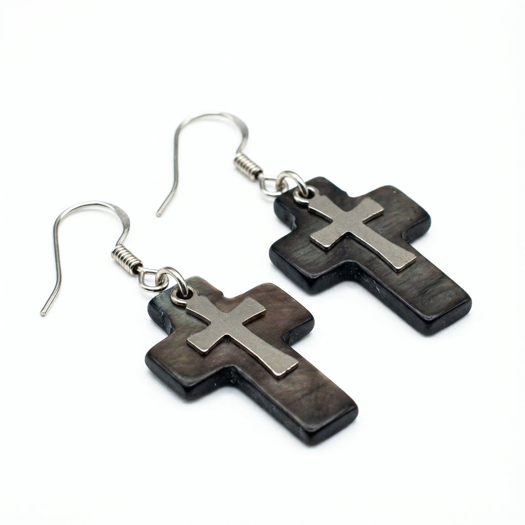 أقراط متدلية على شكل صليب من الصدف الطبيعي من الفضة عيار 925 - أبيض، أسود، برونزي