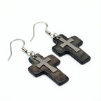 أقراط متدلية على شكل صليب من الصدف الطبيعي من الفضة عيار 925 - أبيض، أسود، برونزي