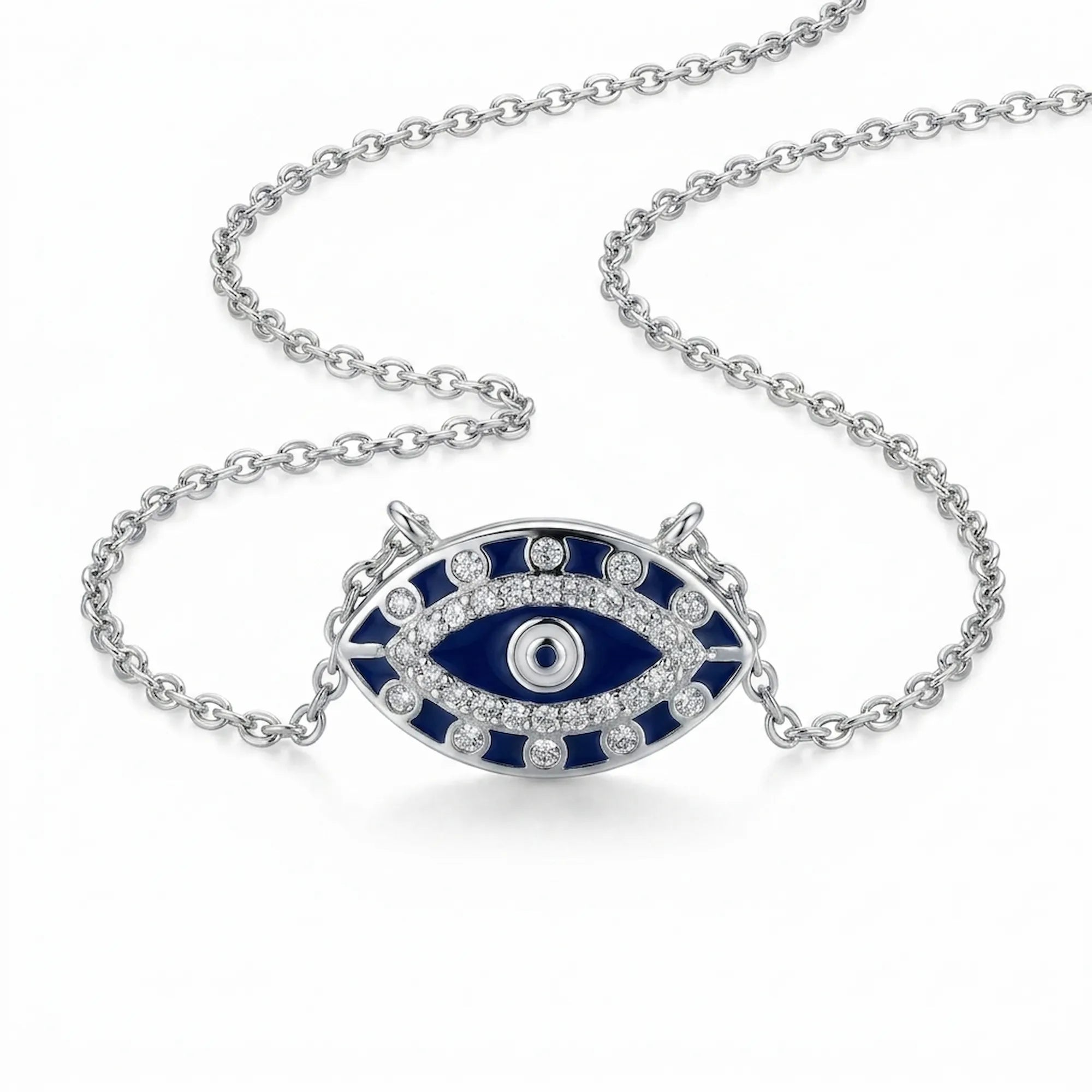 Silver necklace with a blue and white eye-shaped pendant on a white background