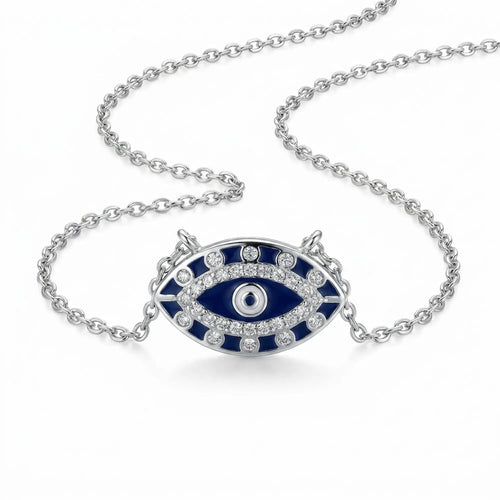 Silver necklace with a blue and white eye-shaped pendant on a white background