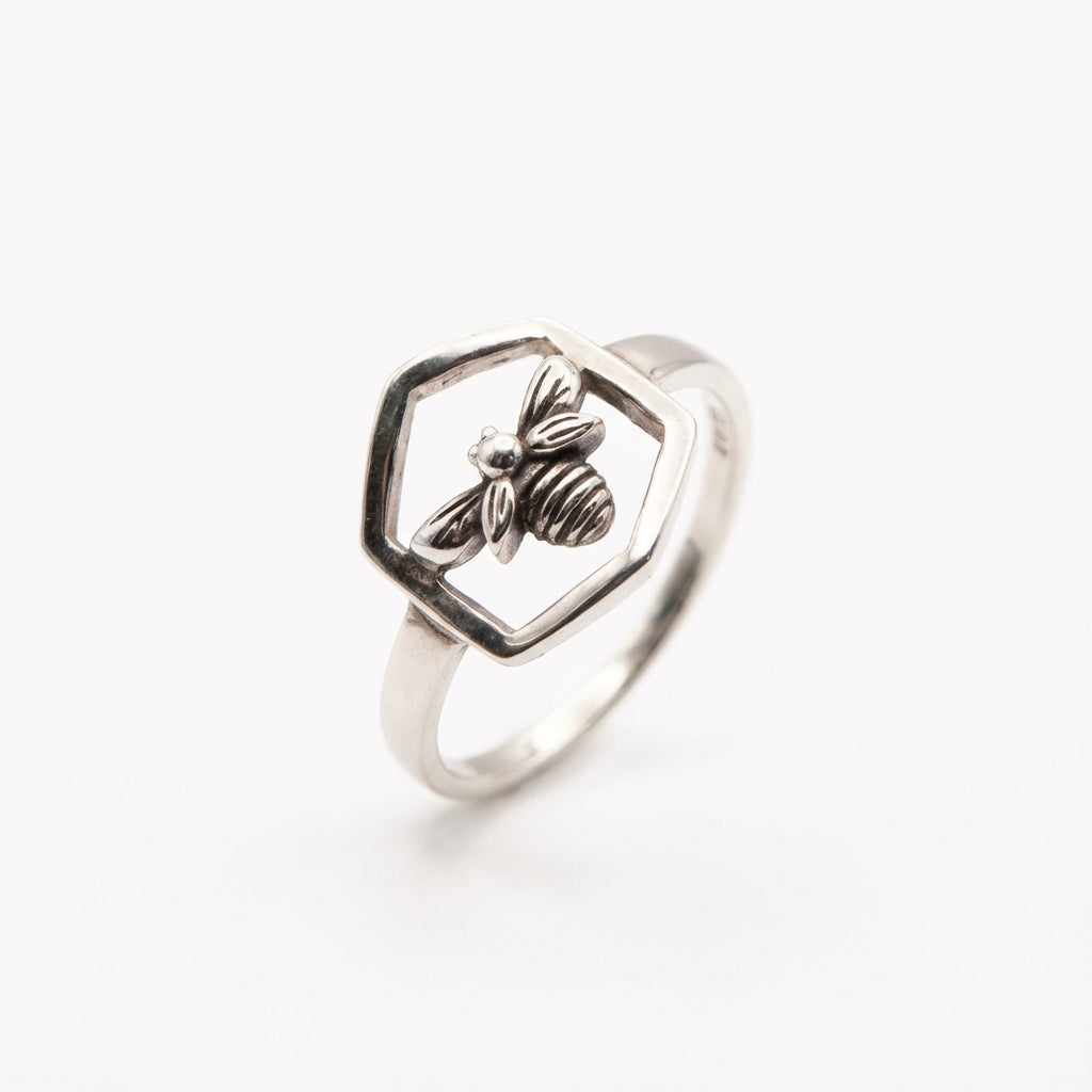 Handcrafted Hexagon Bee Unisex Ring in Oxidized Sterling Silver