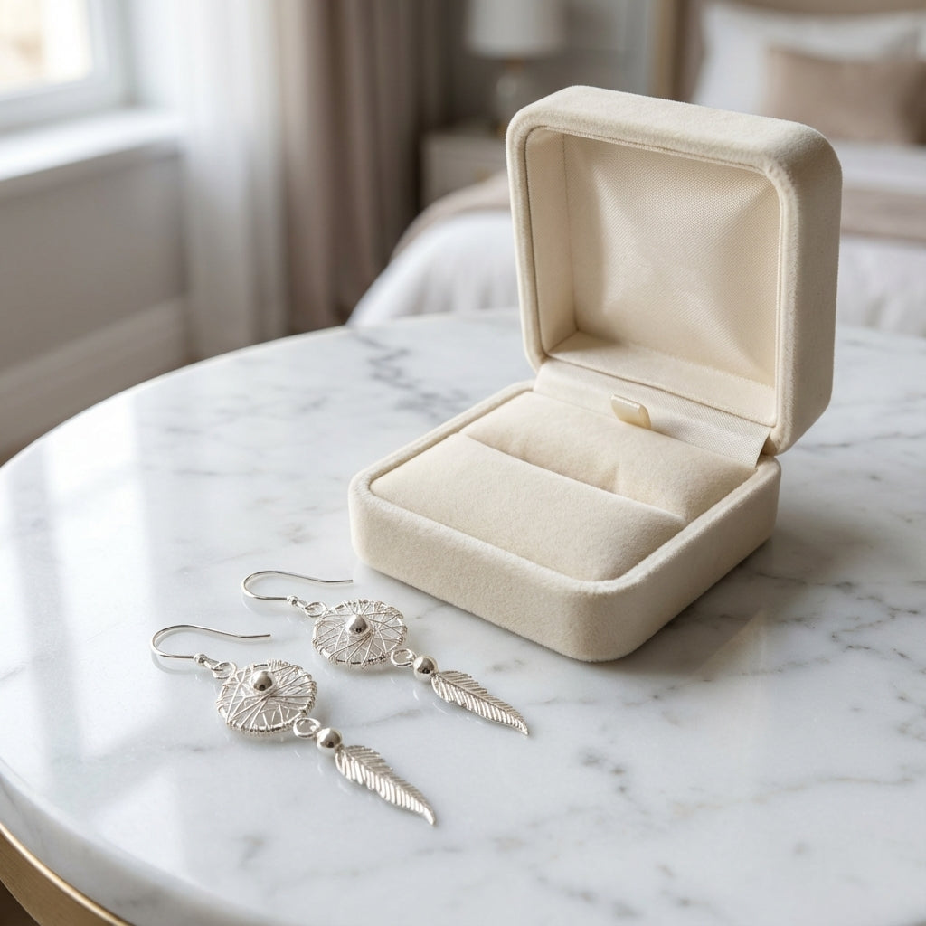 Dream catcher 925 Silver earrings on a marble surface with an open beige jewelry box.