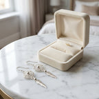 Dream catcher 925 Silver earrings on a marble surface with an open beige jewelry box.