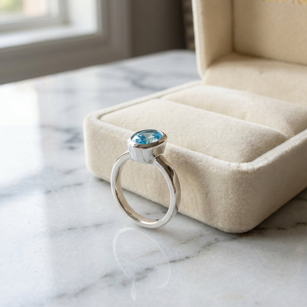 Blue Topaz Bezel Stackable Ring November Birthstone 925 Sterling Silver