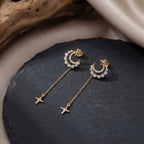 Crescent Moon and Star Drop Earrings in 925 Sterling Silver – Rhodium & 18K Gold