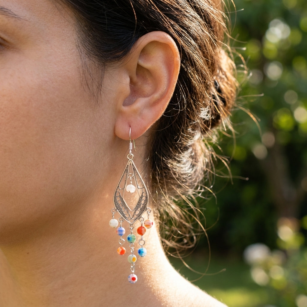 Handcrafted Silver Chandelier Earrings with Murano Glass Accents